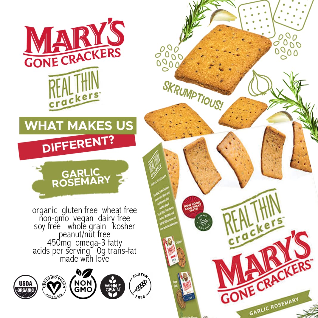 Marys Gone Crackers Real Thin Crackers, Made With Real Organic Whole Ingredients, Gluten Free, Garlic Rosemary, 5 Ounce (Pack Of