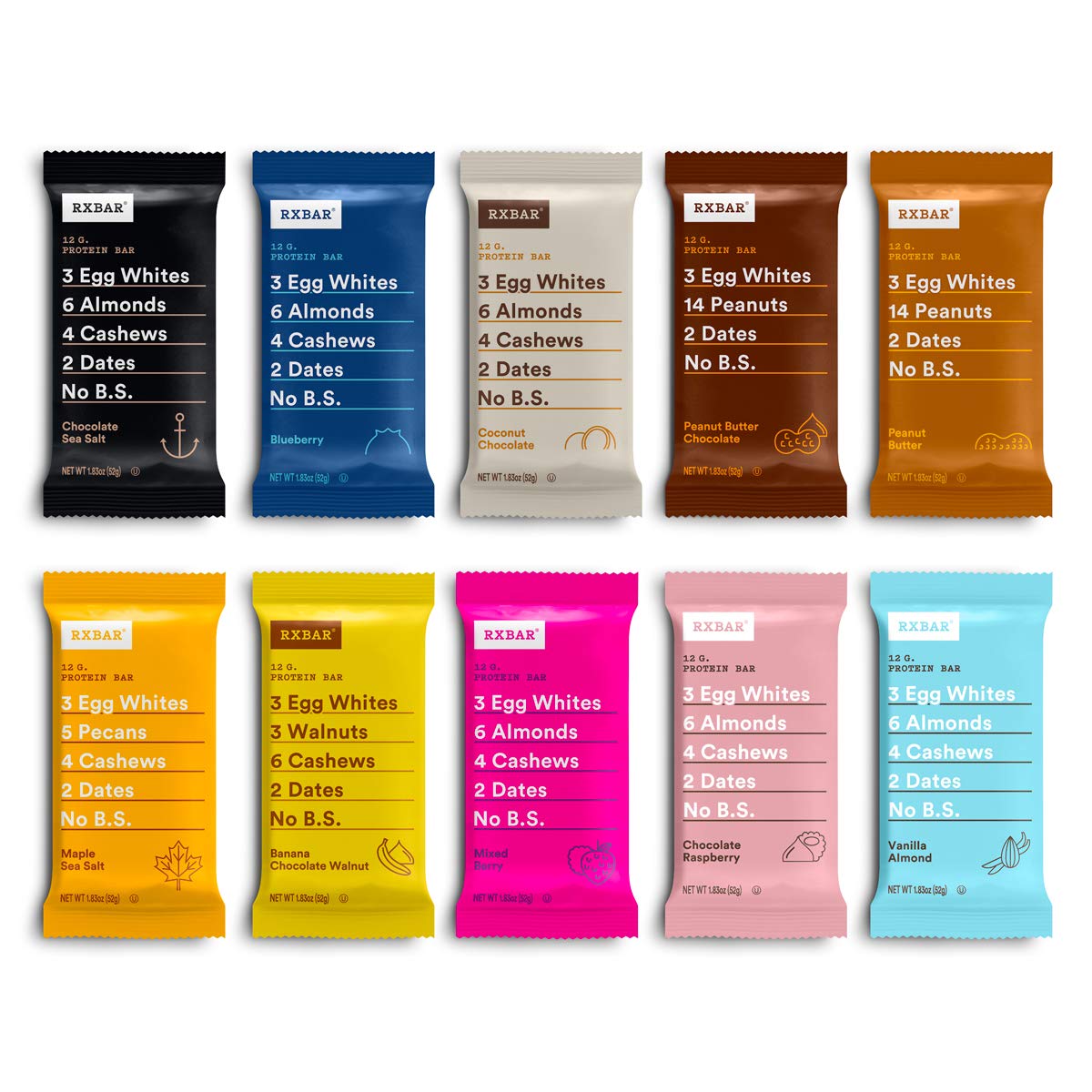 Apple Rx Bar RXBAR Protein Bar, Variety Pack, 10 Flavors, 55oz Box (30 Bars ...