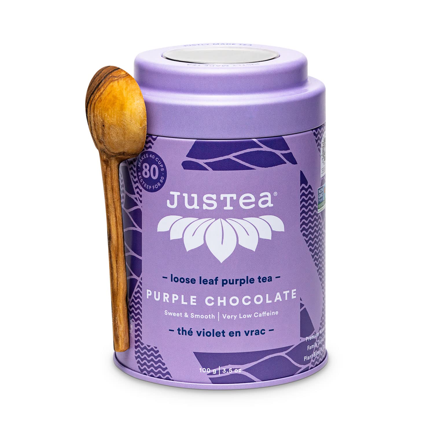 JusTea Purple Chocolate Loose Leaf Tea, 3.5oz Tin with Spoon, Low Caffeine, Fair Trade, Non-GMO
