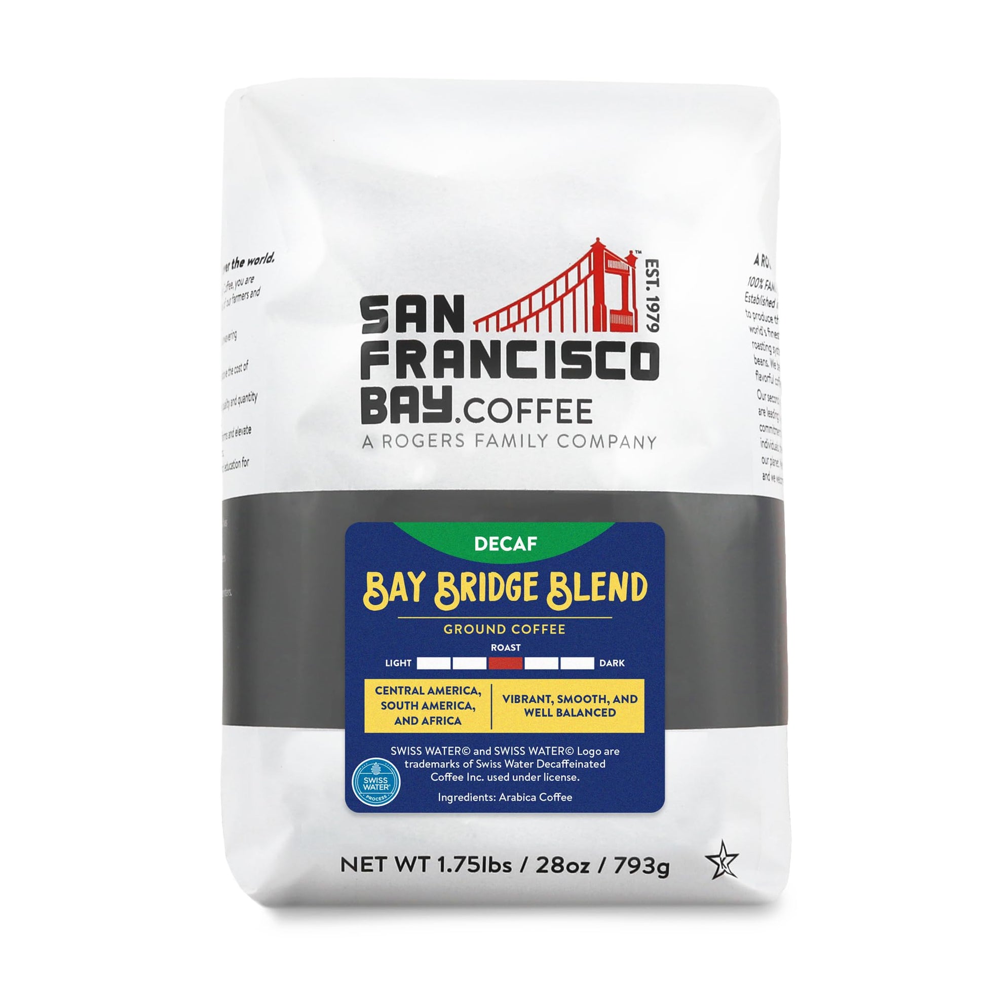 San Francisco Bay Ground Coffee - DECAF Bay Bridge Blend (28oz Bag)  Medium Roast  Swiss Water Processed