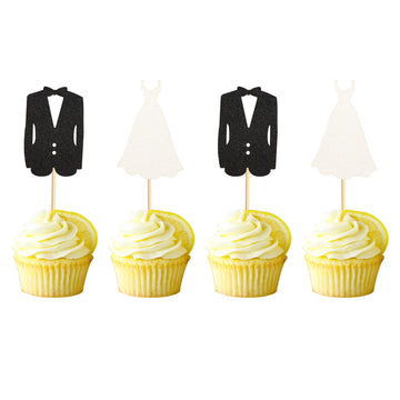 Arthsdite 24Pcs Bride And Groom Cupcake Toppers Wedding Dress And Tux Cupcake Picks Bridal Shower Wedding Engagement Anniversary