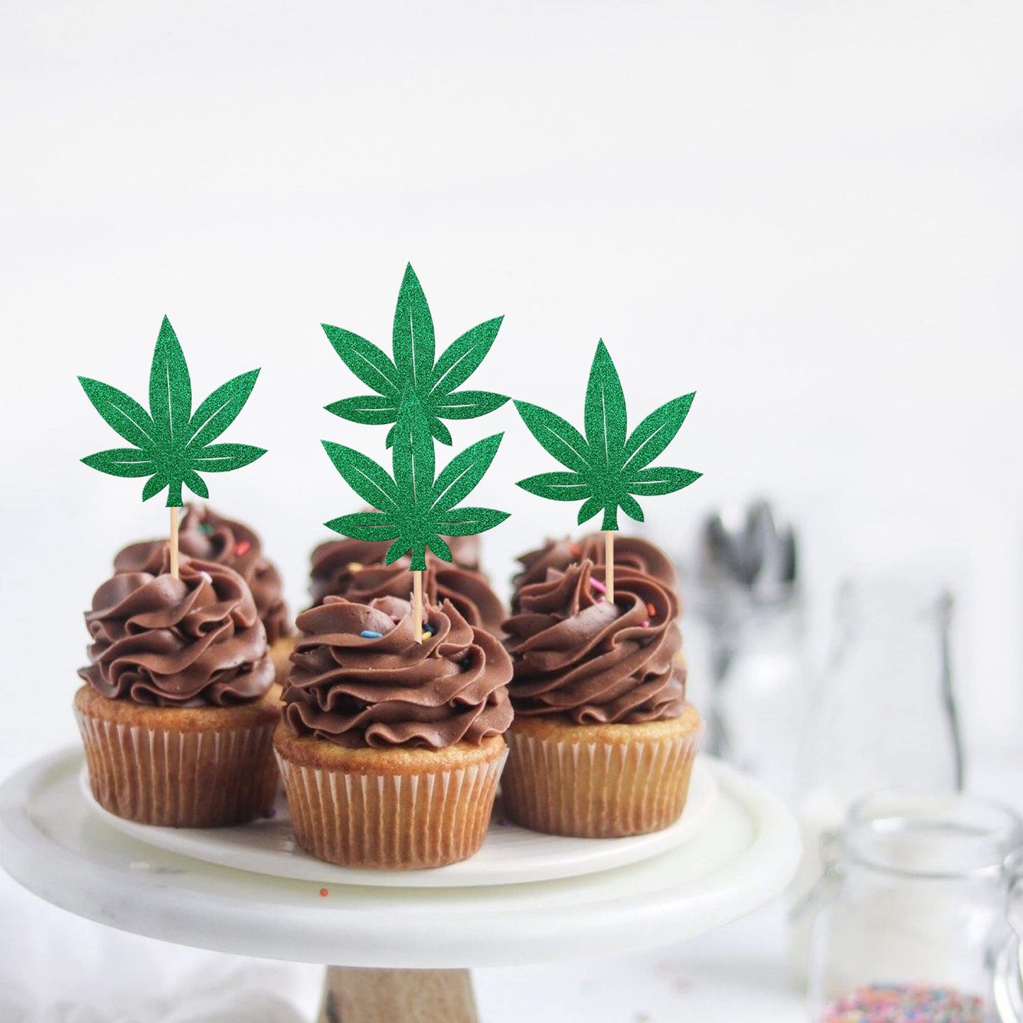 ZHUOWEISM Cupcake Toppers, 30 PCS Glitter Wood Leaf Picks, Design 1 for Birthday Theme Party Decorations