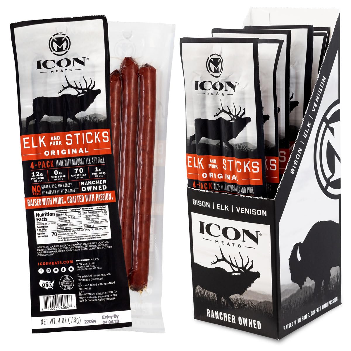 Icon Meats Elk And Pork Snack Sticks - Original Flavor - 6 Packs Per Box, 4 Sticks Per Pack, All Natural Jerky Meat Sticks, Usda