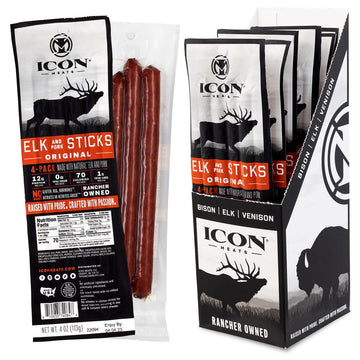 Icon Meats Elk And Pork Snack Sticks - Original Flavor - 6 Packs Per Box, 4 Sticks Per Pack, All Natural Jerky Meat Sticks, Usda