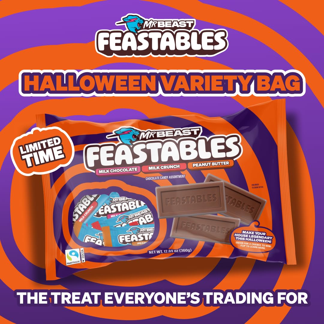 Feastables Mrbeast Halloween Candy Variety Pack With Milk Chocolate  Peanut Butter  & Milk Crunch Mini Bars  Trick or Treat Chocolate Bar Snacks or Party Favors  Fairtrade Cocoa  12.69 Oz Bags  4 Pack