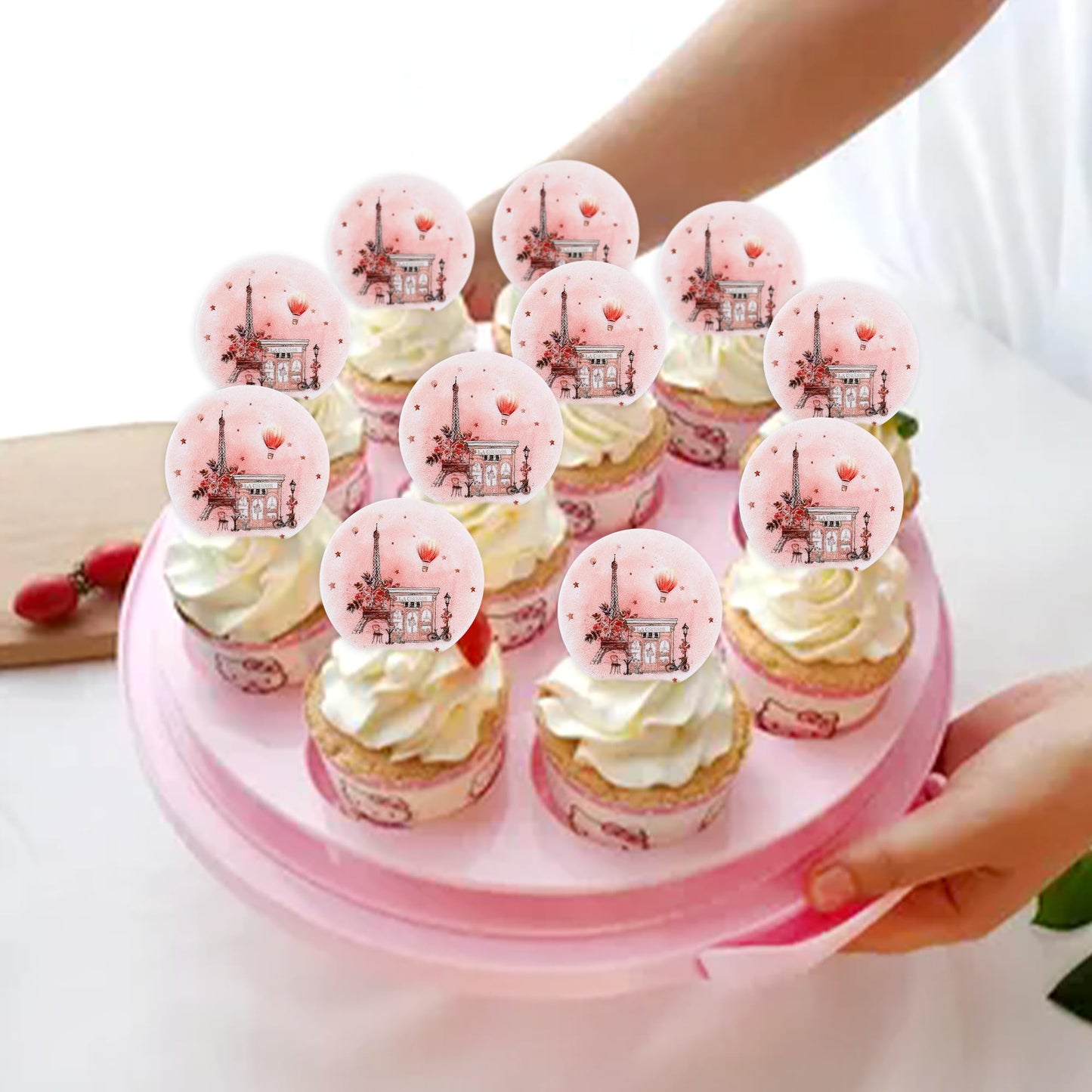 Ercadio 40 Pack Edible Paris Party Cupcake Toppers Pink Paris Theme Cake Decoration Picks Romantic Roses Eiffel Tower Balloon Fo