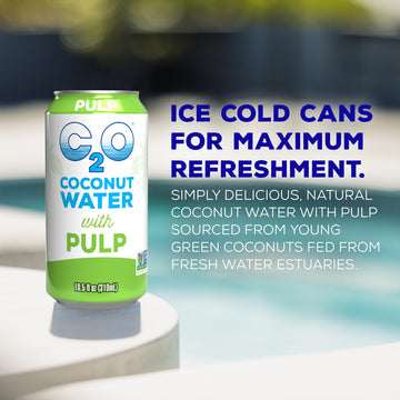 C2O Coconut Water with Pulp - 24 Cans, 10.5 FL OZ - Plant Based, Non-GMO, Natural Hydration, Essential Electrolytes
