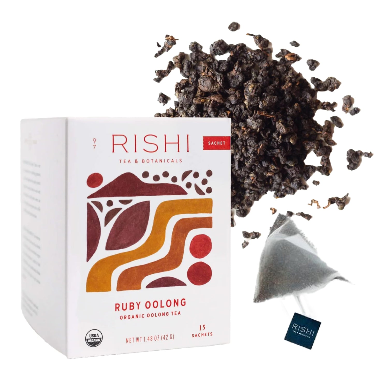 Rishi Tea Ruby Oolong Tea - Organic Sachet Bags, Caffeinated Slow Baked Ball Rolled Oolong, Enjoy Hot or Iced - 15 Count (Pack o