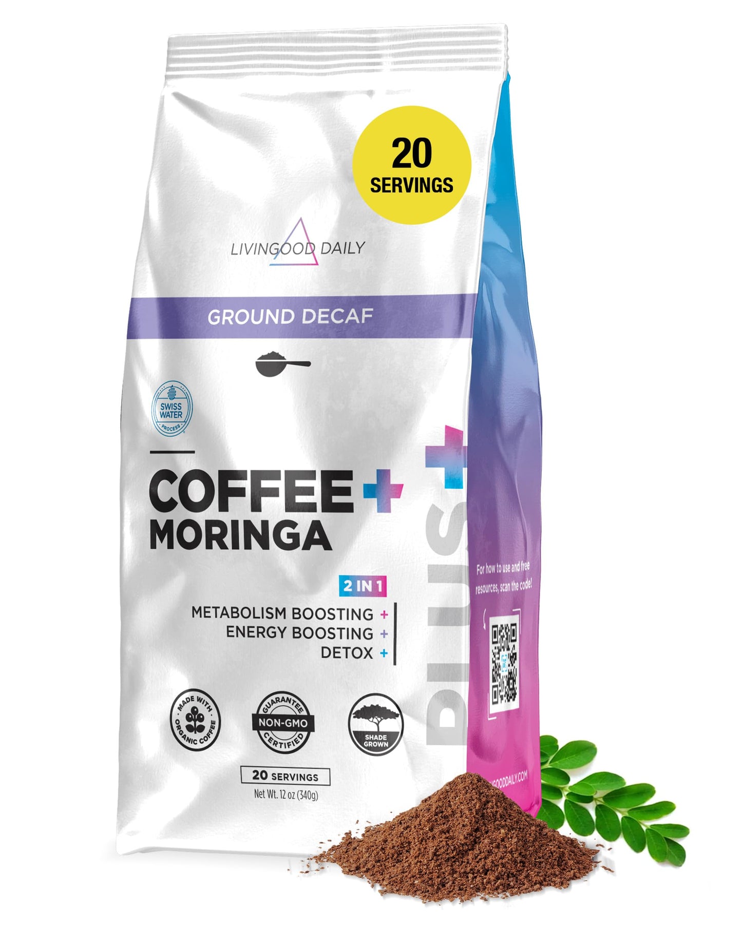 Livingood Daily Ground Decaf Coffee with Moringa, Vegan, Organic, Non-GMO, 12 oz Bag