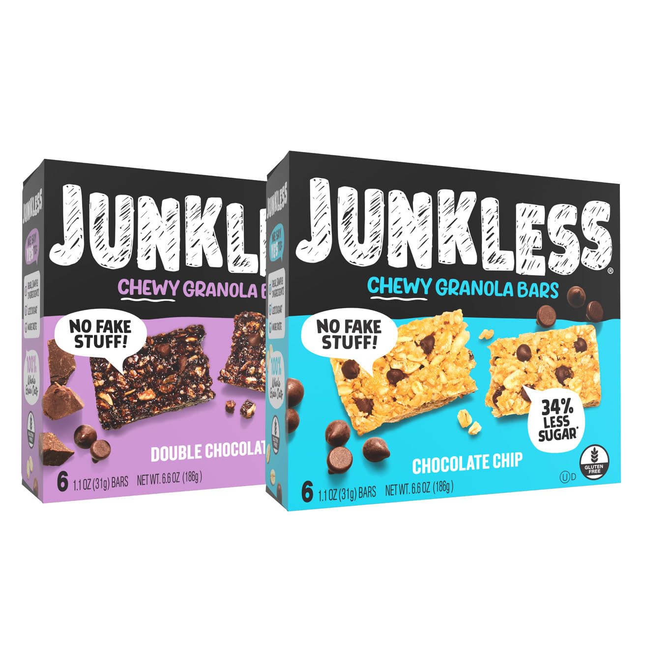 Junkless Chocolate Chip & Double Chocolate Chewy Granola Bars Twin Pack - Less Sugar  Great Tasting  Wholesome Snacks - 1.1 oz. Bars