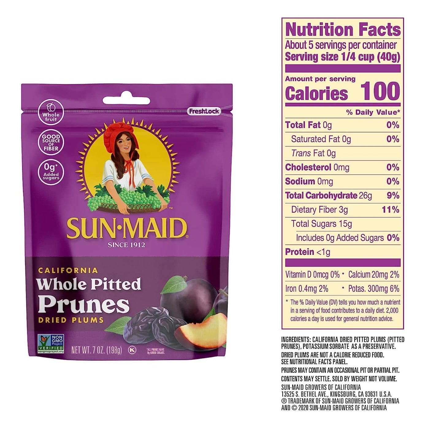 Sun-Maid California Sun-Dried Whole Pitted Prunes - (4 Pack) 7 oz Resealable Bag - Dried Plums - Dried Fruit Snack for Lunches,