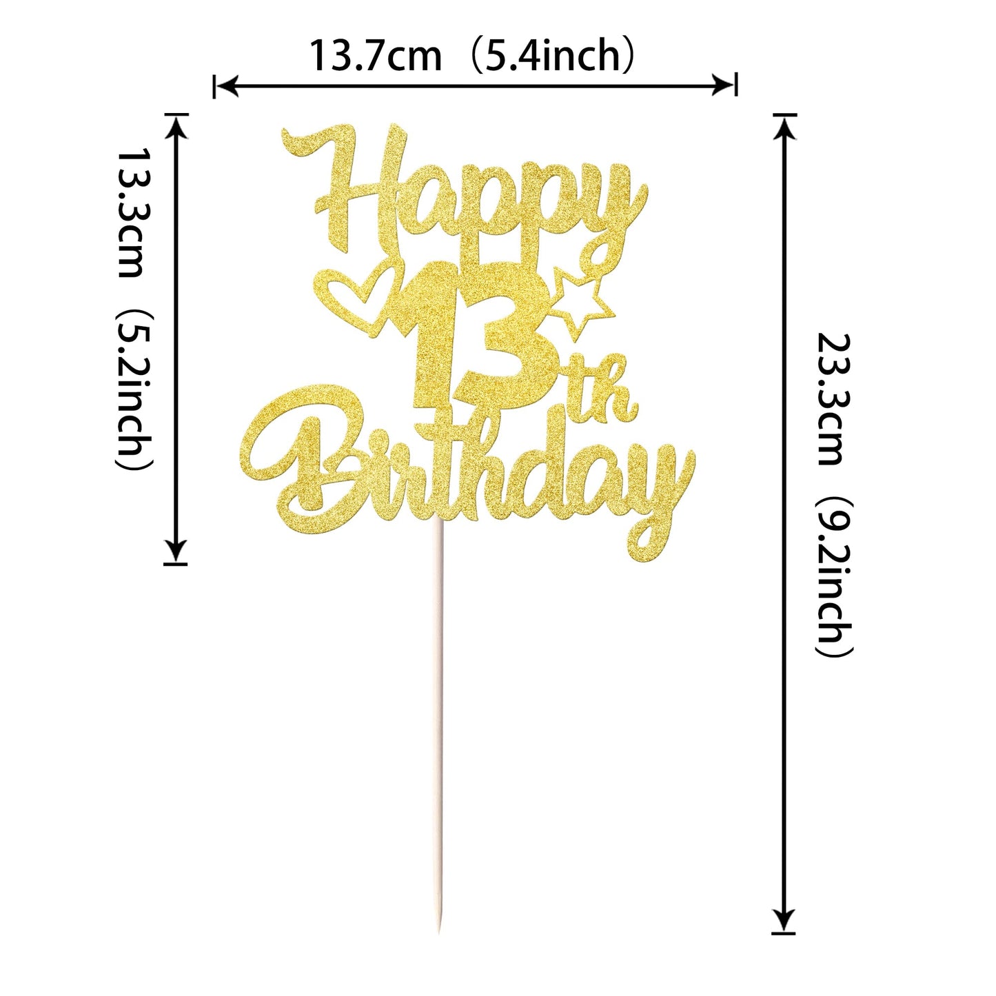YCTHUNFISH 13th Birthday Cake Topper Glitter Heart Star Gold Bamboo Decoration