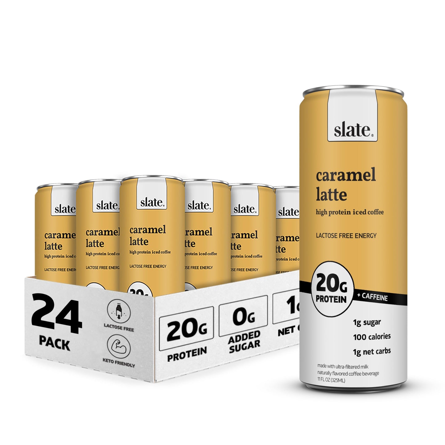 Slate Milk - High Protein Iced Coffee - Caramel Latte - 175mg Caffeine  Lactose Free Energy - 20g Protein  1g Sugar  100 Calories  1g Net Carbs  No Sugar Added - Protein Coffee - 11 fl oz  24 Cans