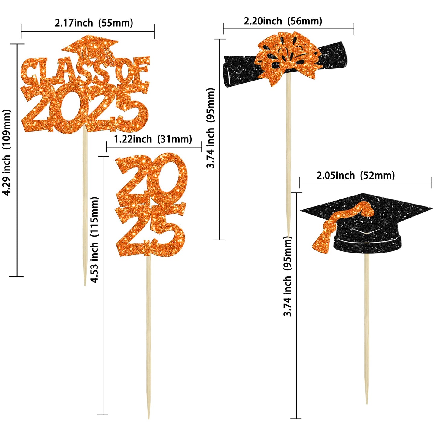 Ephlyn 36Pcs Graduation Cupcake Toppers, Glitter Class of 2025, Orange, Diploma & Cap Picks for Graduation Party Decorations