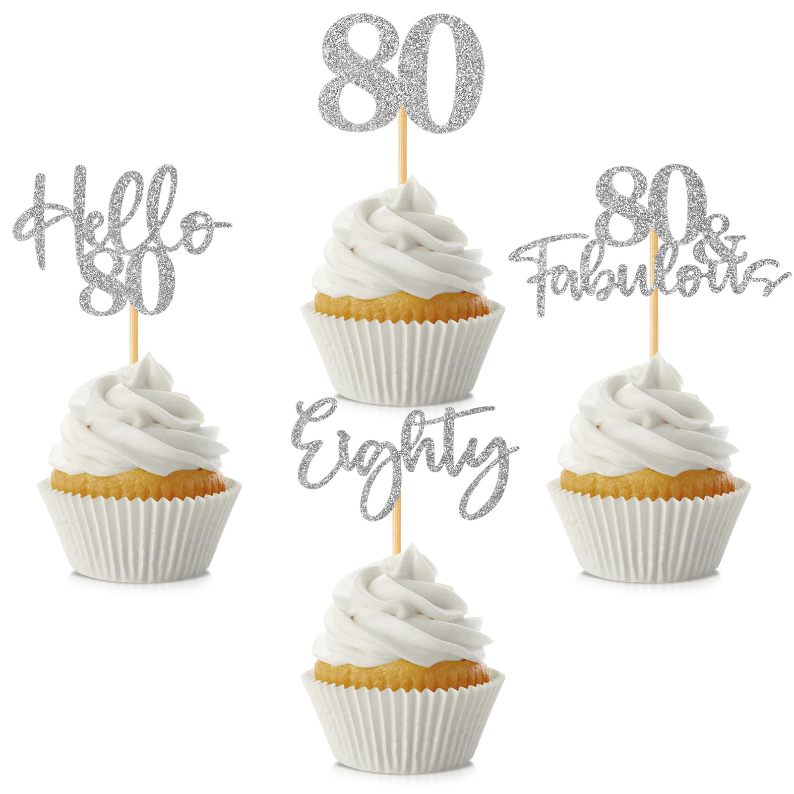 48Pcs 80Th Birthday Cupcake Toppers Glitter Hello 80 Cupcake Topper 80 Fabulous Eighty Cupcake Picks For Happy 80Th Birthday Wed