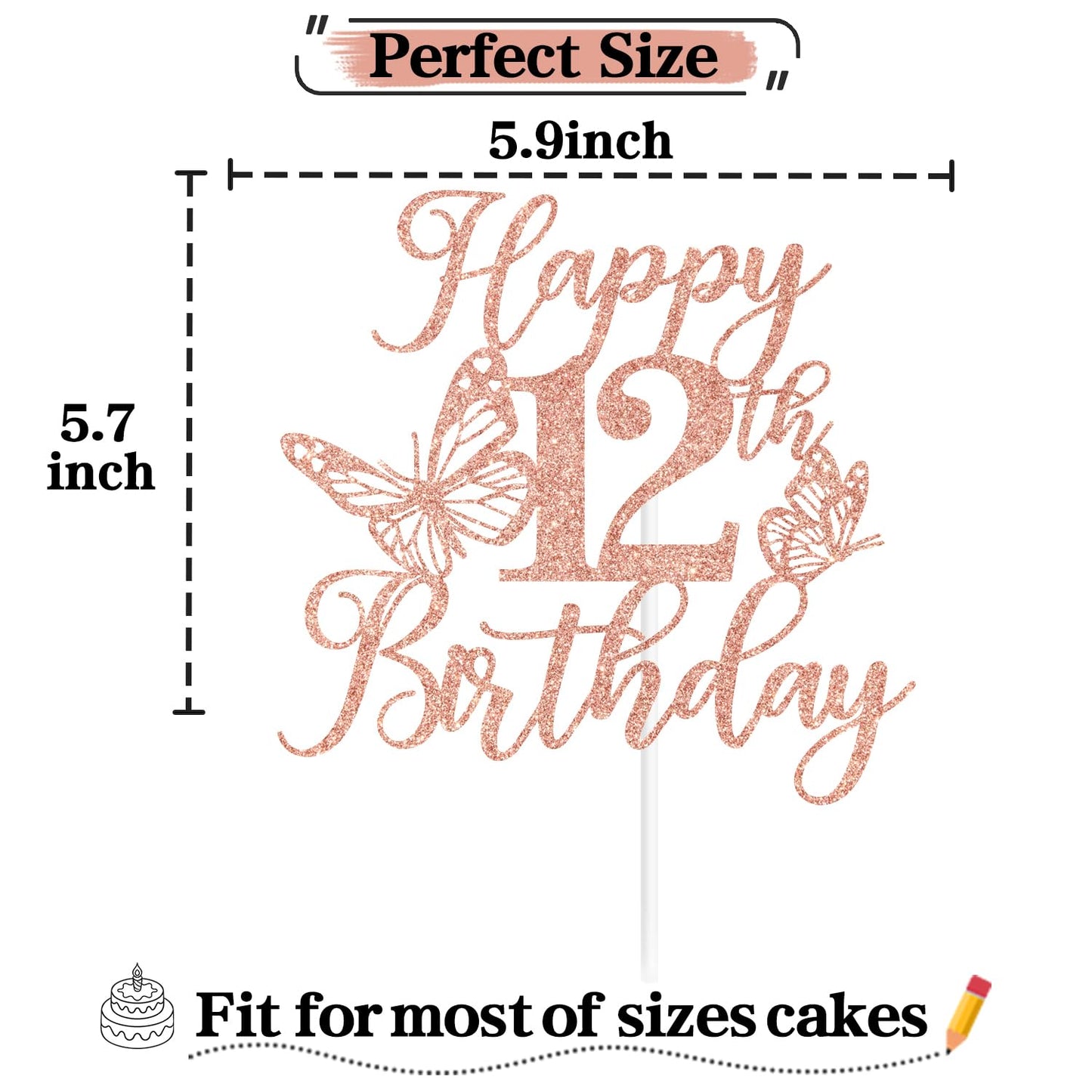 Rose Gold Glitter Happy 12Th Birthday Cake Topper, Butterfly Happy 12Th Birthday/Cheers To 12 Years, Butterfly Themed 12Th Birth