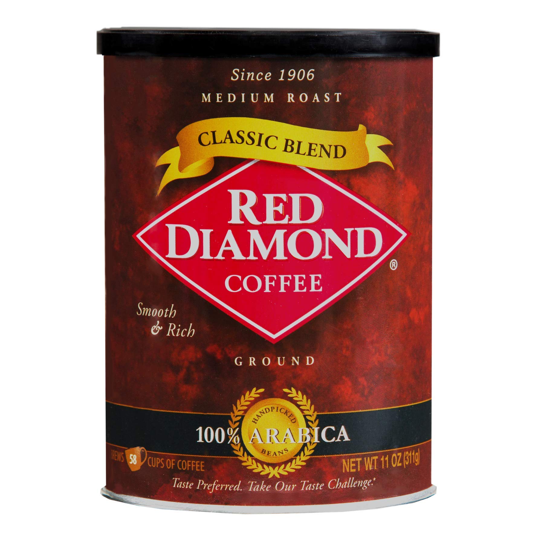 Red Diamond Ground Coffee  Classic Blend  Medium Roast  Top-High Standardrabica Beans  Smooth & Rich Flavor  11 Ounce Resealable Can