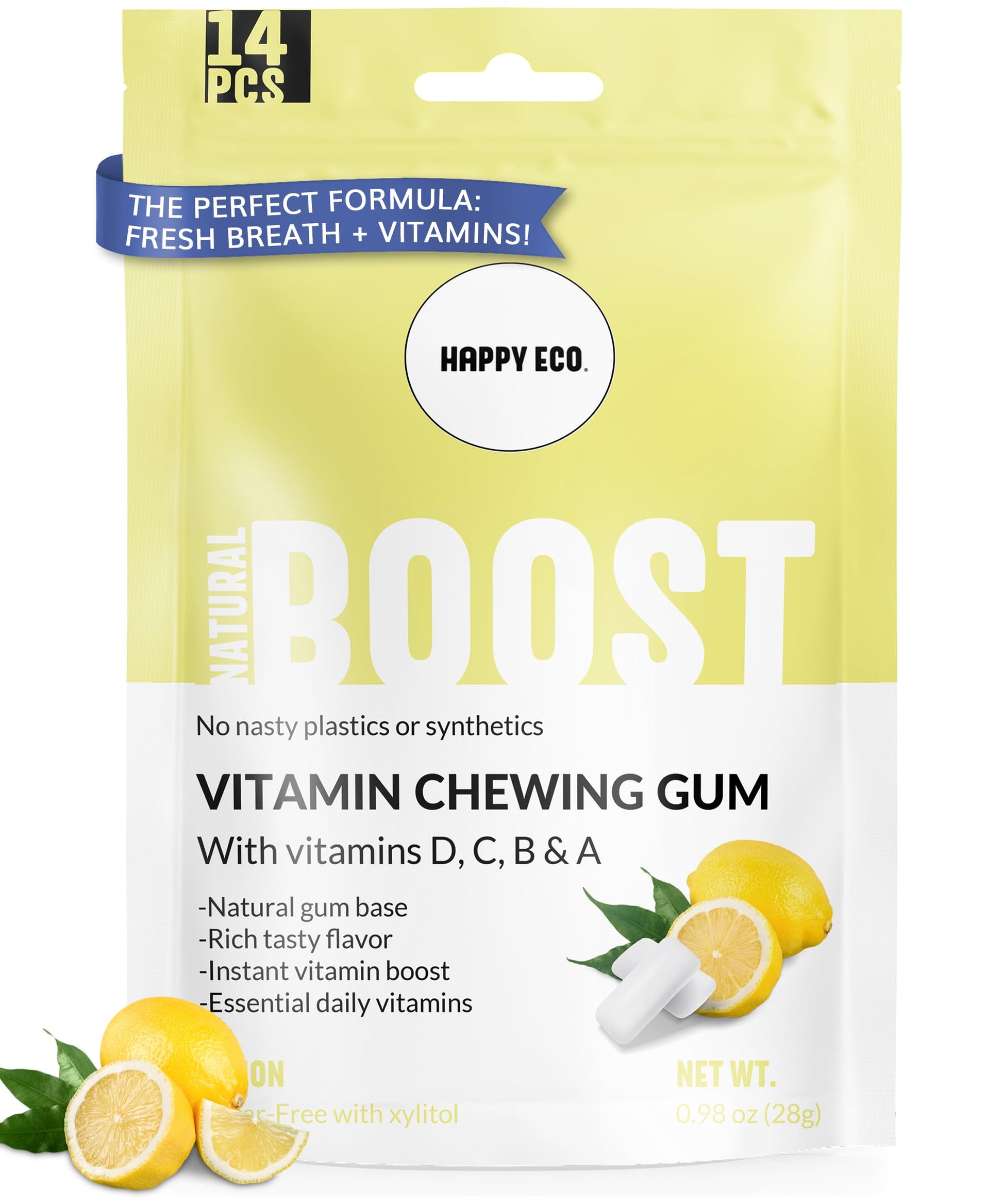 Multivitamin Xylitol Gum (56Pcs) - Sugar Free Natural Chewing Gum With Vitamins A B6 C & D - Aspartame Free  All Natural  Vegan  Gluten Free  Keto - Lemon