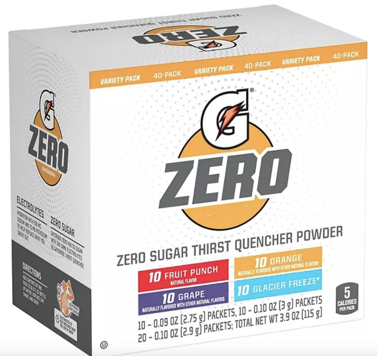 Gatorade G Zero Sugar Thirst Quencher Powder, (Pack Of 40) 10 Flavors Of Each (Fruit Punch, Orange, Grape & Glacier Freeze)