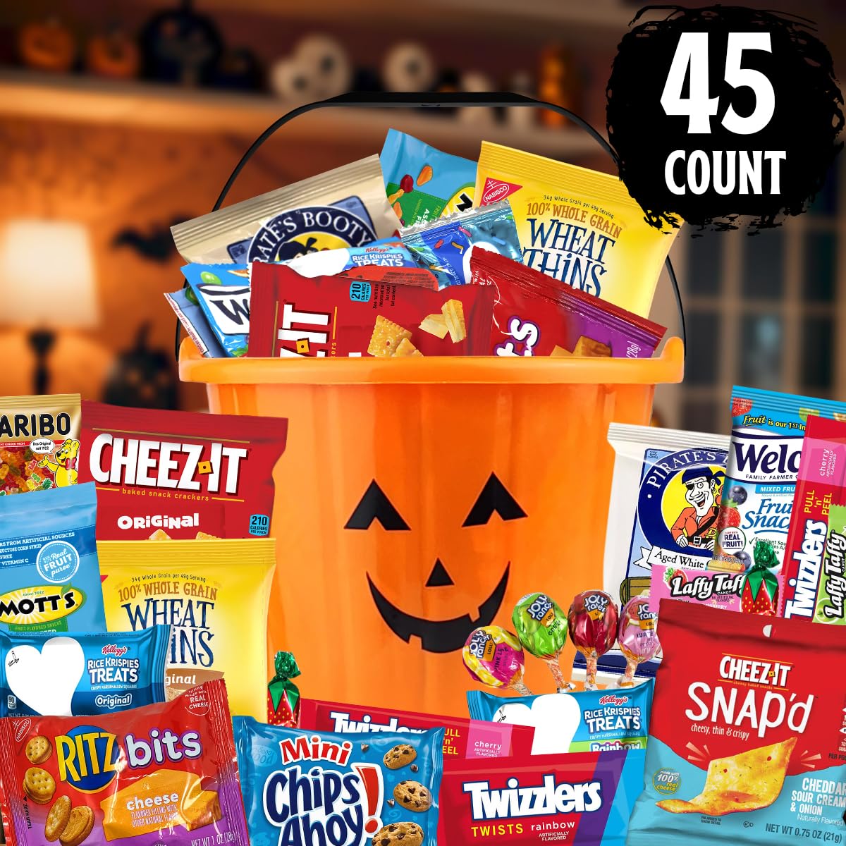 Halloween Basket Gift Care Package - 45 Count Snack Bucket Filled with Assorted Candy  Chocolates &  for Trick-or-Treat  Classroom Parties  Office Events & Family Fun