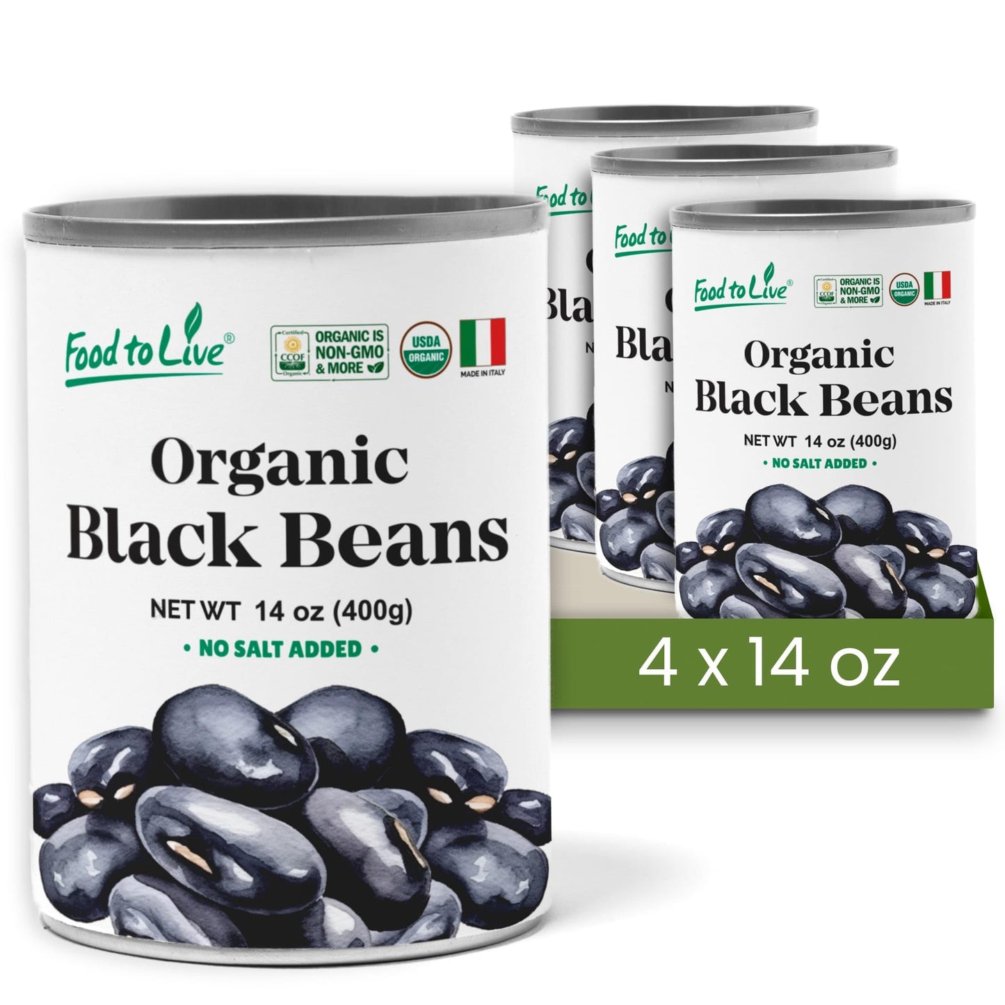 Food to Live Organic Canned Black Beans, 14 oz (Pack of 4) - Unsalted Non-GMO Frijoles Negro. Perfect for Salads, Soups, Stews. 