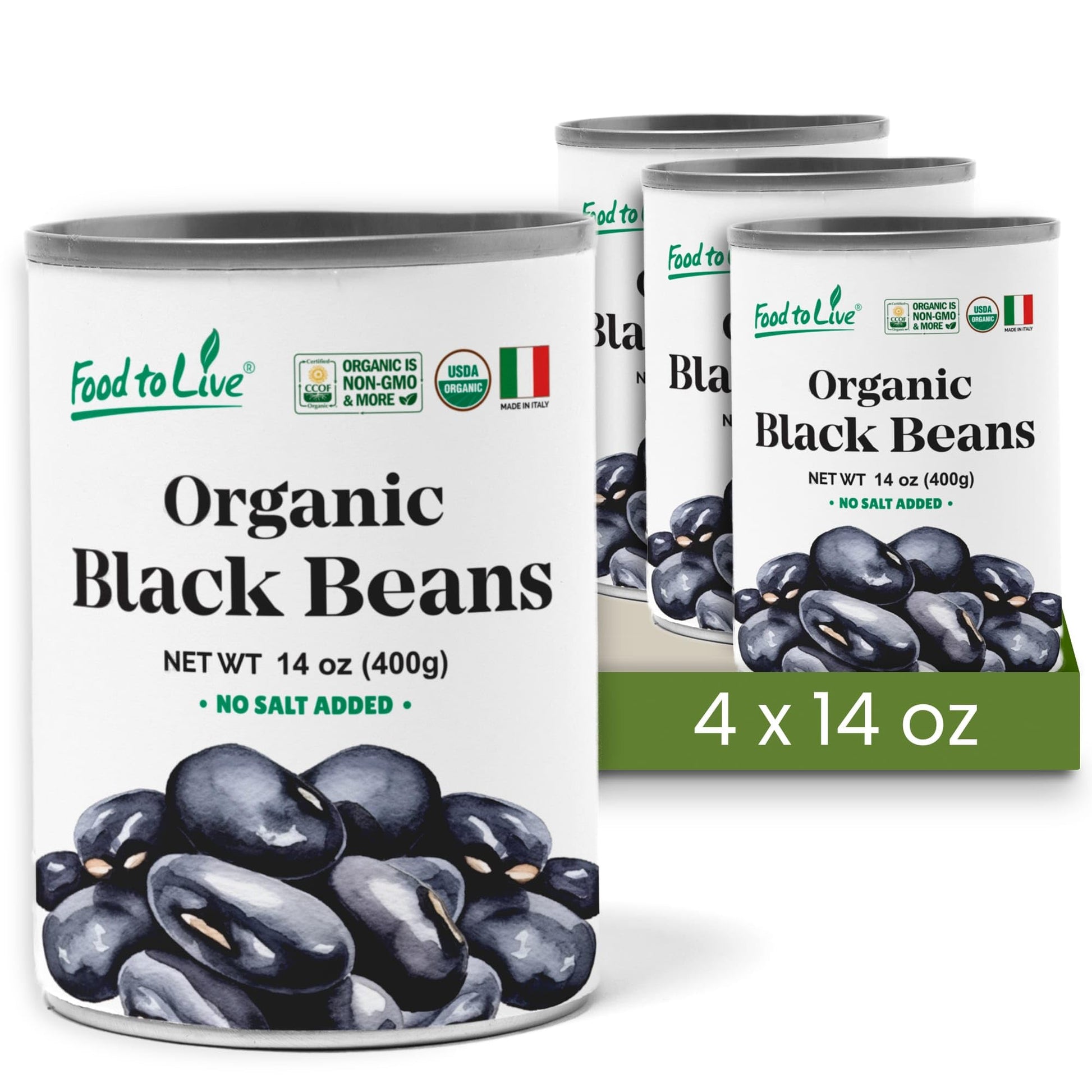 Food to Live Organic Canned Black Beans, 14 oz (Pack of 4) - Unsalted Non-GMO Frijoles Negro. Perfect for Salads, Soups, Stews. 