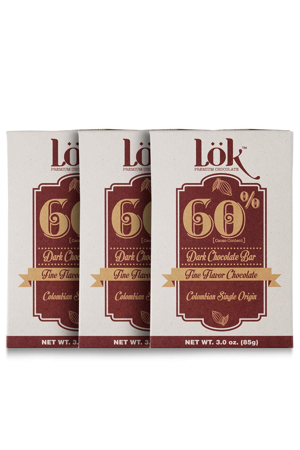 LöK Dark Chocolate Bar 60% Cacao | Fair Trade, Non-GMO, Vegan | 3 Ounce 3 Pack