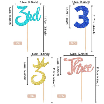 24 Pcs 3Rd Birthday Cupcake Toppers Glitter Crown Three Cupcake Picks Number 3 Third Birthday Cupcake Decorations For Baby Showe