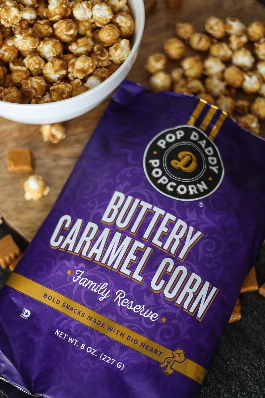 POP DADDY Flavored Popcorn, Buttery Caramel, Gluten Free, 8oz Bags, 3 Pack