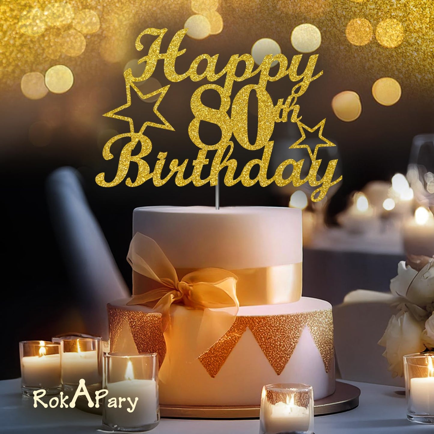 RokAPary 80 Birthday Cake Topper Gold Glitter, Premium Acrylic, Sturdy Double-Sided, Model RCT217