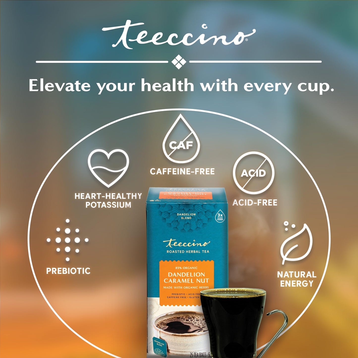 Teeccino Dandelion Caramel Nut Herbal Tea - Caffeine Free, Gluten Free, 25 Tea Bags