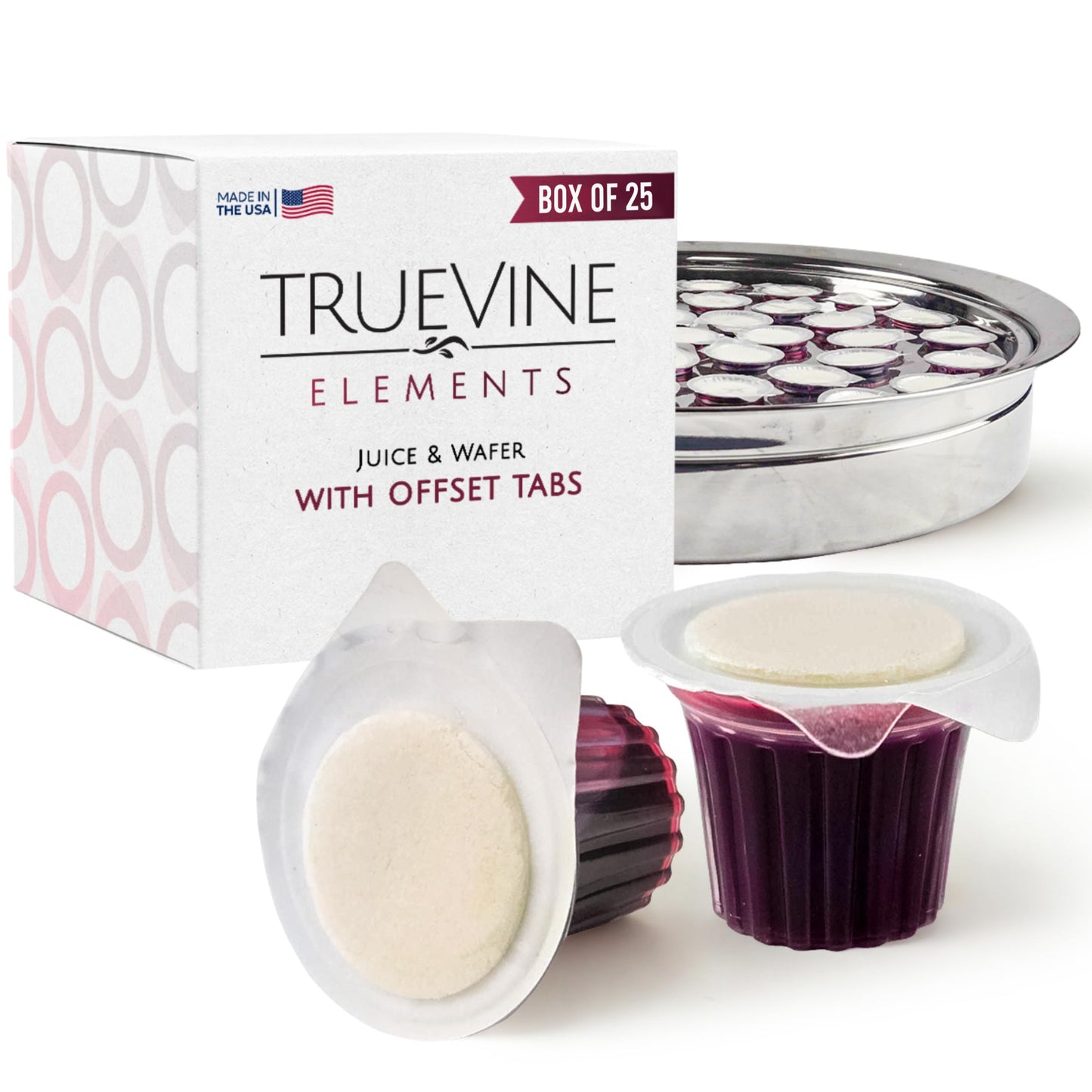 Truevine Elements Cup - Prefilled Communion Cups And Wafer Set  Offset Tabs  Juice & Crispy Wafer  Sealed For Freshness  Holy Communion Bread And Juice For Church & Worship Gatherings (Box Of 25)