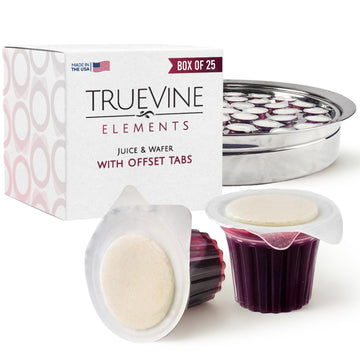 Truevine Elements Cup - Prefilled Communion Cups And Wafer Set  Offset Tabs  Juice & Crispy Wafer  Sealed For Freshness  Holy Communion Bread And Juice For Church & Worship Gatherings (Box Of 25)