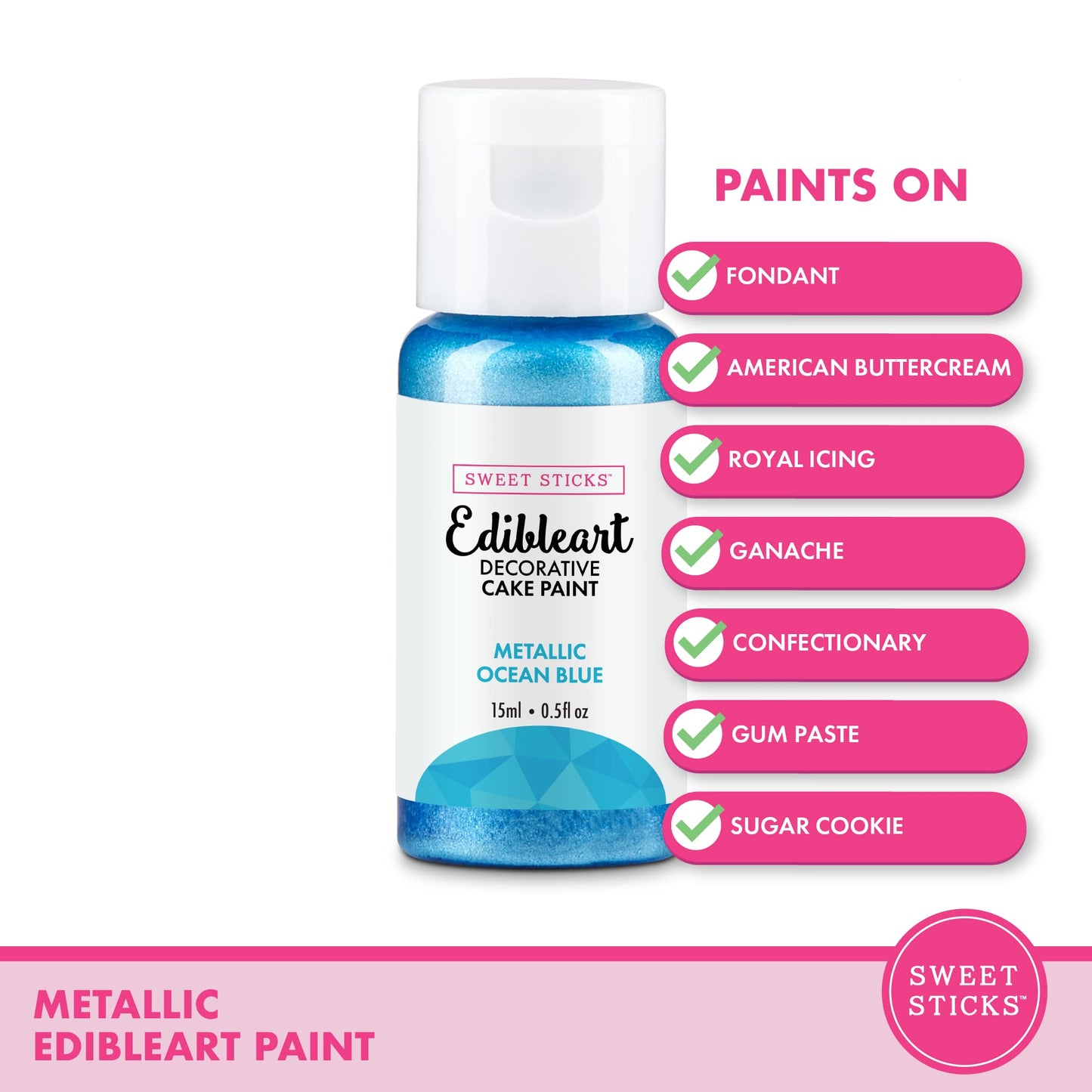 SWEET STICKS Edible Art Decorative Cake Paint, 0.5 Fl Oz, Metallic Ocean Blue