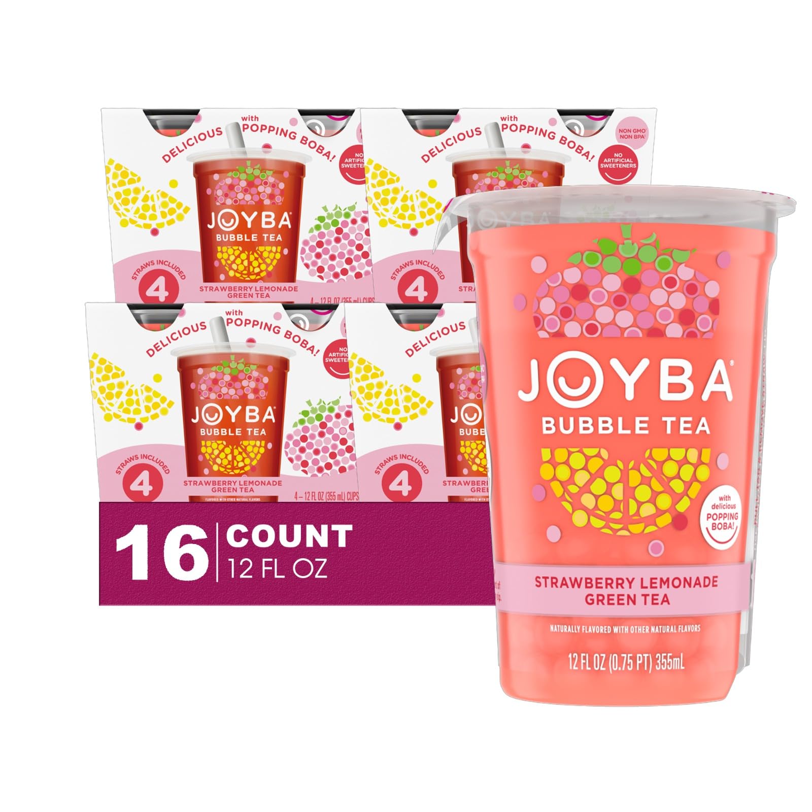 Joyba 16 Pack Strawberry Lemonade Bubble Green Tea Cups 12 fl oz with Delicious Natural Fruit Flavored Popping Boba + 1 Freebie 