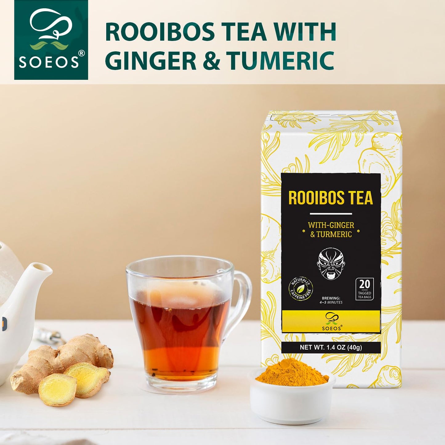 Soeos Ginger and Turmeric Tea, Caffeine Free Rooibos, 20 Teabags, 1.4oz (40g)
