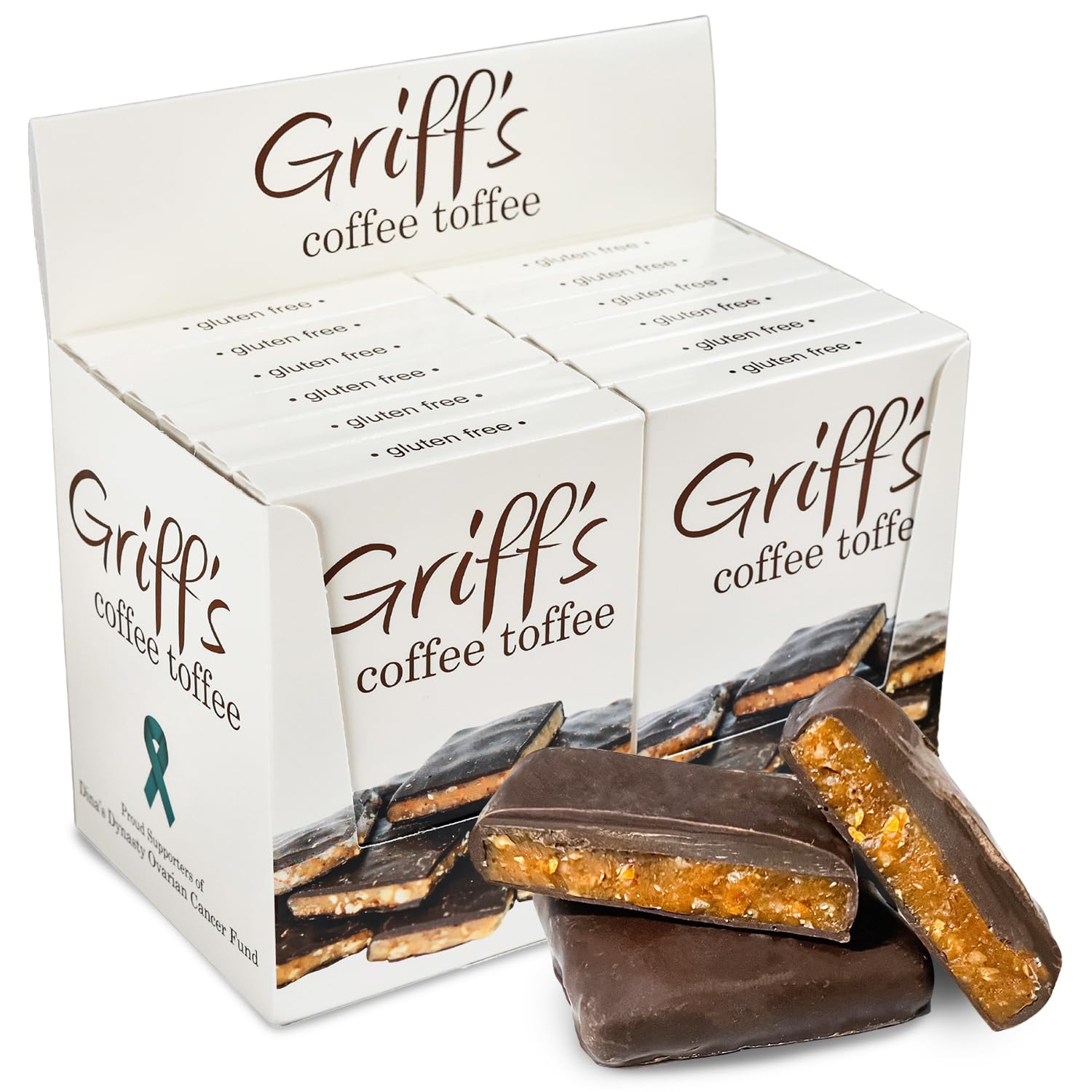 Griffs Coffee Toffee Dark Chocolate Covered Toffee Squares, Gluten Free, 2 Oz Pack of 12