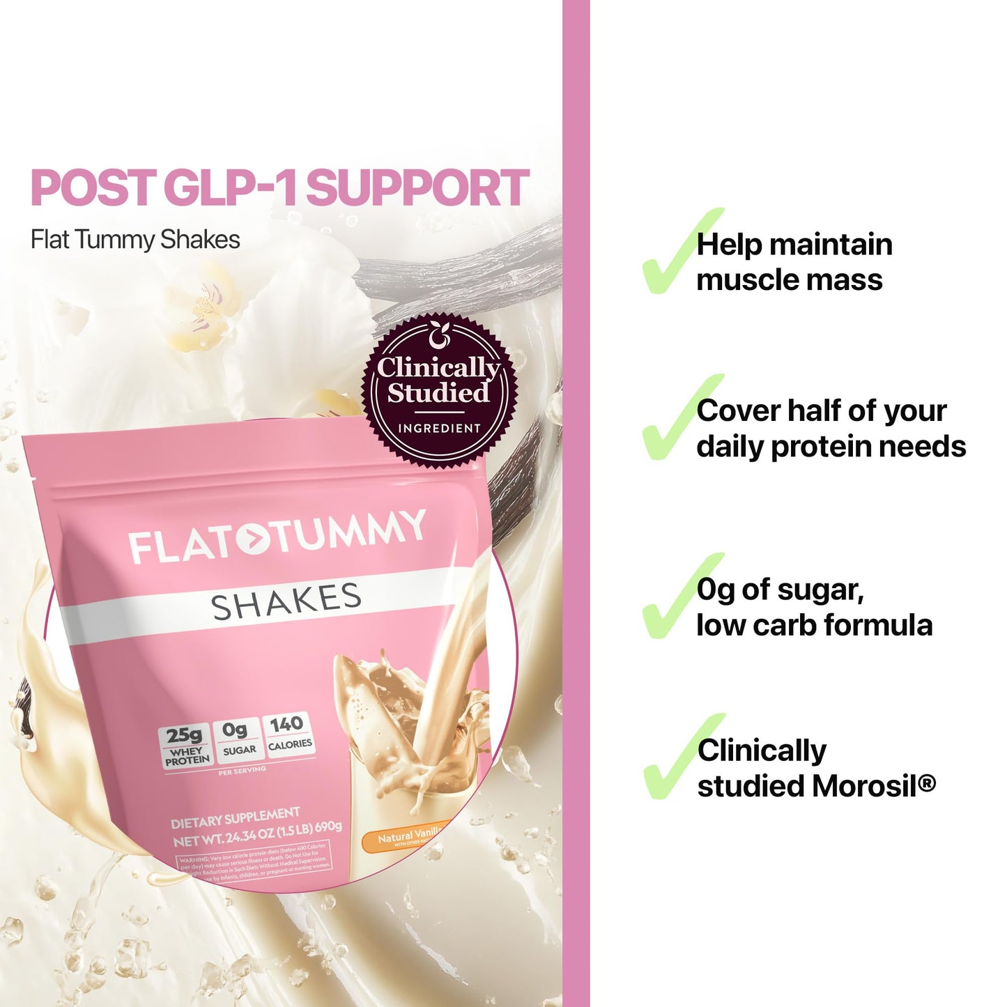 Flat Tummy Flat Tummy Shakes - Vanilla, 20 Servings, High Protein, Keto-Friendly, 14.5 Ounce
