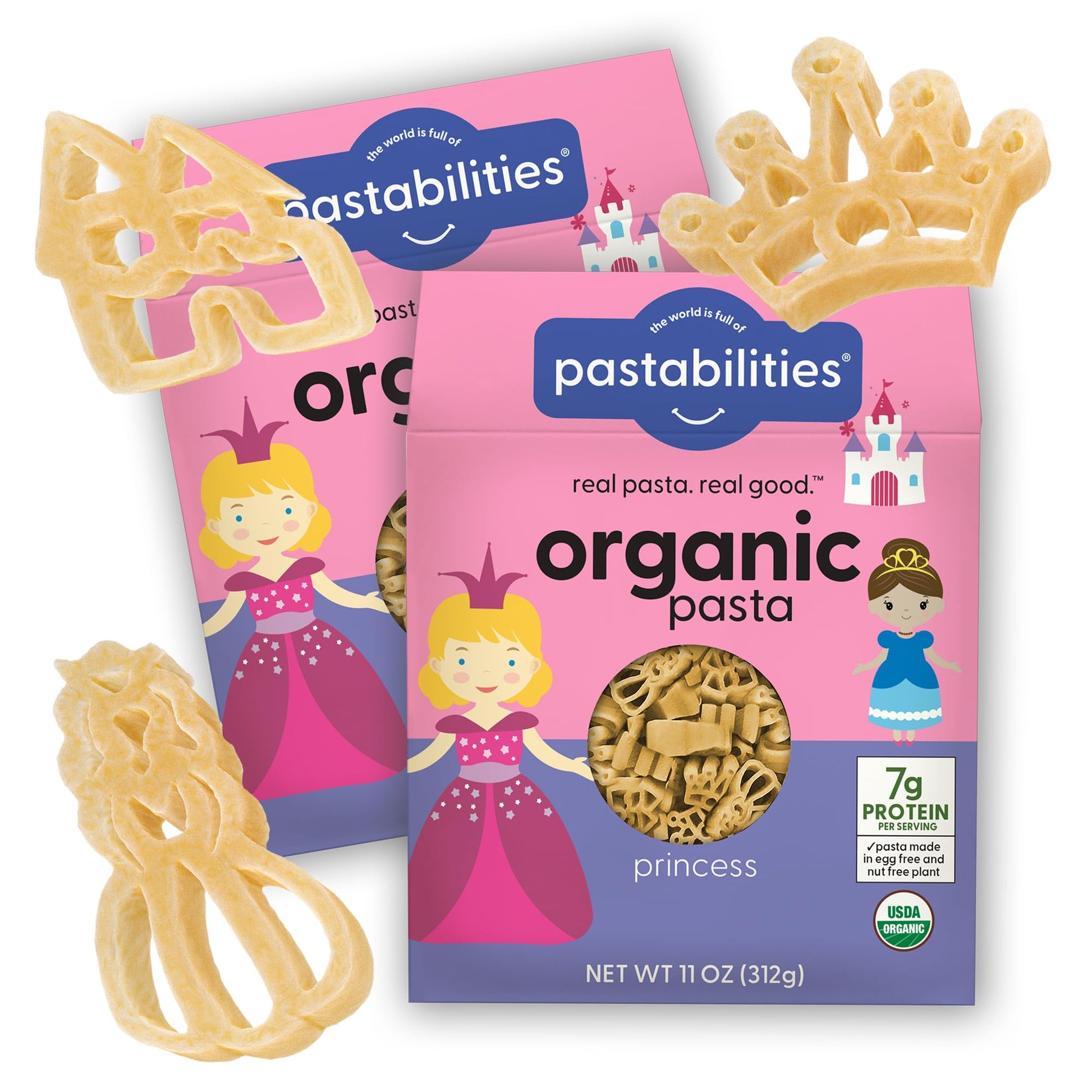 Pastabilities Organic Pasta For Kids - Princess Shaped - Princess & Castle Fun Theme, Family Size Serves 4, Non-Gmo Natural Wheat Pasta, All-Natural, Kosher Certified, Made In The Usa, (2 Pack, 11 Oz)
