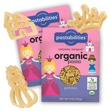 Pastabilities Organic Pasta For Kids - Princess Shaped - Princess & Castle Fun Theme, Family Size Serves 4, Non-Gmo Natural Wheat Pasta, All-Natural, Kosher Certified, Made In The Usa, (2 Pack, 11 Oz)