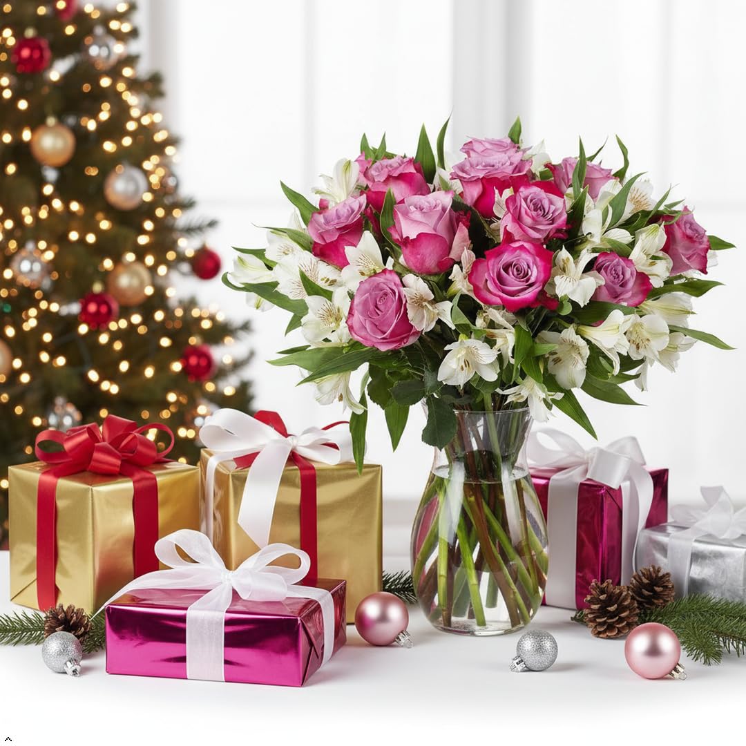 Benchmark Bouquets - Delightful Roses & Alstroemeria (Glass Vase Included) - Fresh Flowers for Delivery - Gift for Graduation, B