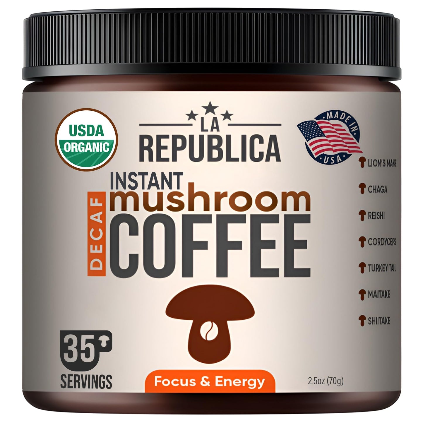 La Republica Decaf Organic Mushroom Coffee (35 Servings) With 7 Superfood Shrooms  Great Tasting Instant Mix Includes Lion S Mane  Reishi  Chaga  Cordyceps  Shiitake  Maitake  And Turkey Tail (Decaffeinated)