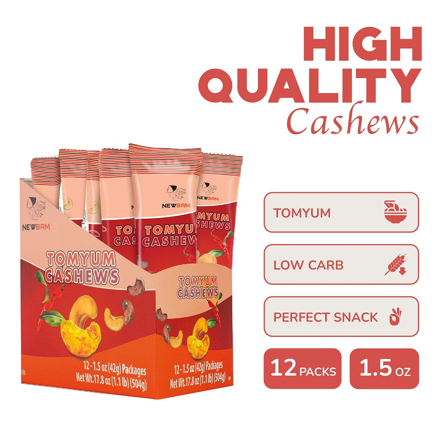 NEWBAM Tomyum Cashews Nut Snacks Box, 12 Individual Packs, 1.5oz Each, Vegan, Gluten Free, Ready-to-eat, Healthy Snack