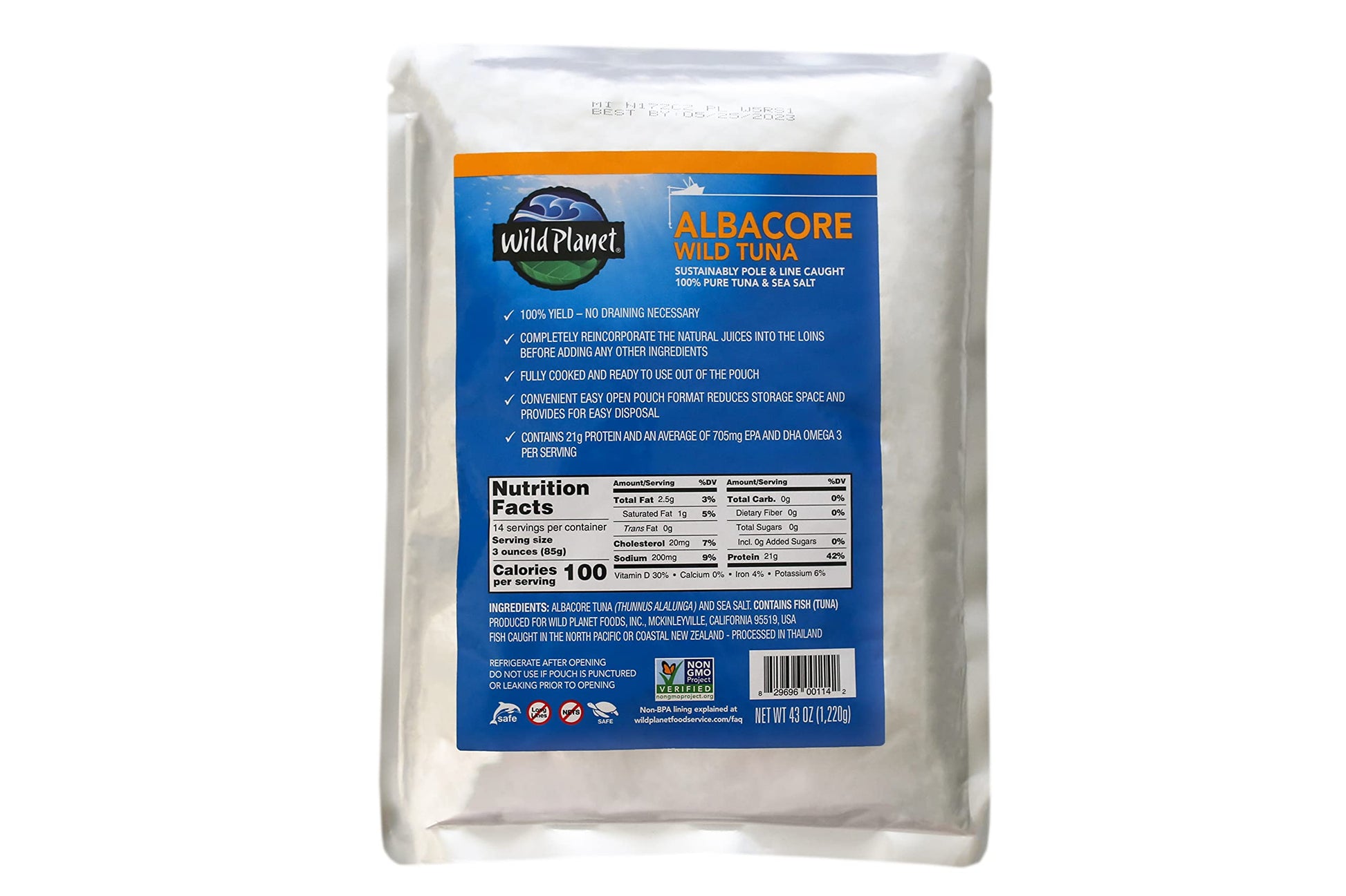 Wild Planet 100% Wild Albacore Tuna - No Liquids Added 43Oz Pouch, 43 Oz