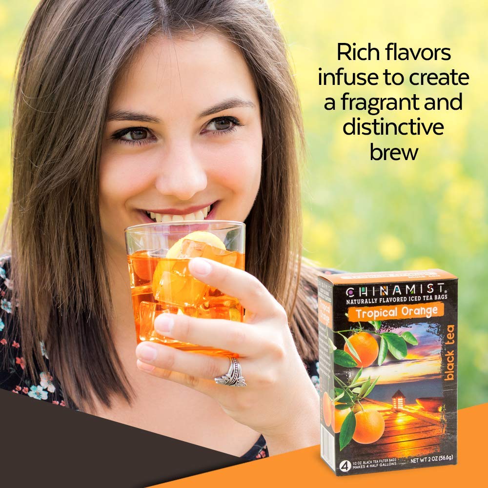 China Mist Iced Tea - Tropical Orange Black Tea Infusion - Refreshing And Delicious - Each Tea Bag Yields 1/2 Gallon - 4 Bags.