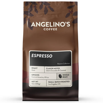 Angelino's Coffee Espresso Beans, 12oz Whole Bean Coffee, Dark Roast with Notes of Dark Chocolate & Caramel, Reserve Collection 