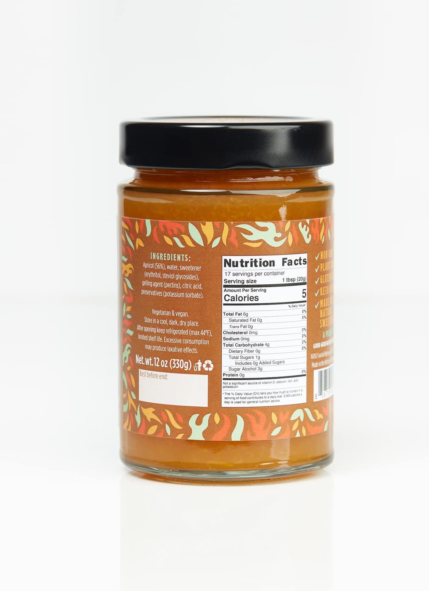 GOOD GOOD Apricot Jam - No Added Sugar - Low Calorie - Gluten Free and Vegan - Diabetic and Keto Friendly - 12oz / 330g (Pack of