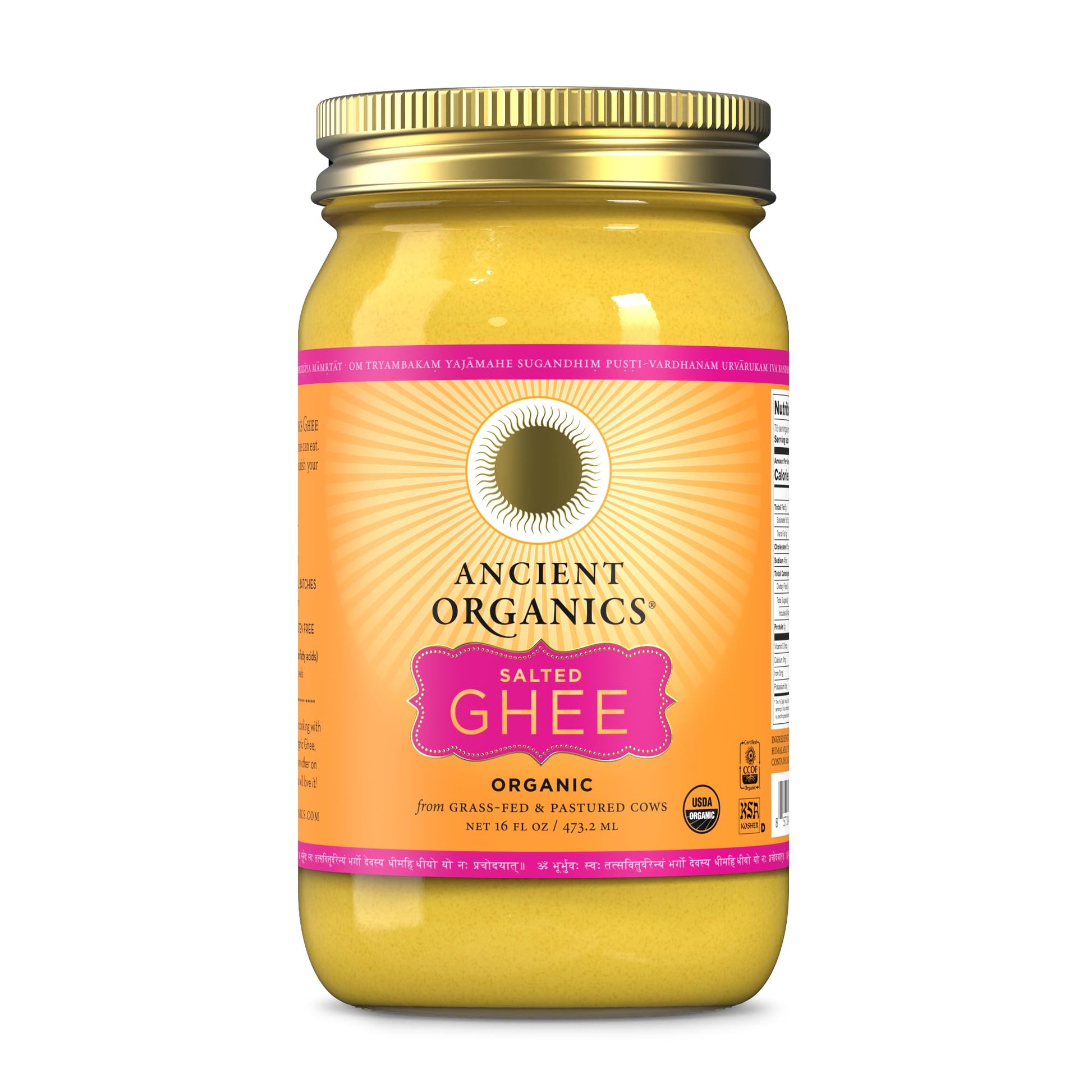 Ancient Organics Salted Ghee, Organic Grass Fed Gluten Free Clarified Salted Ghee Butter With Vitamins & Omegas, Lactose Free, 1