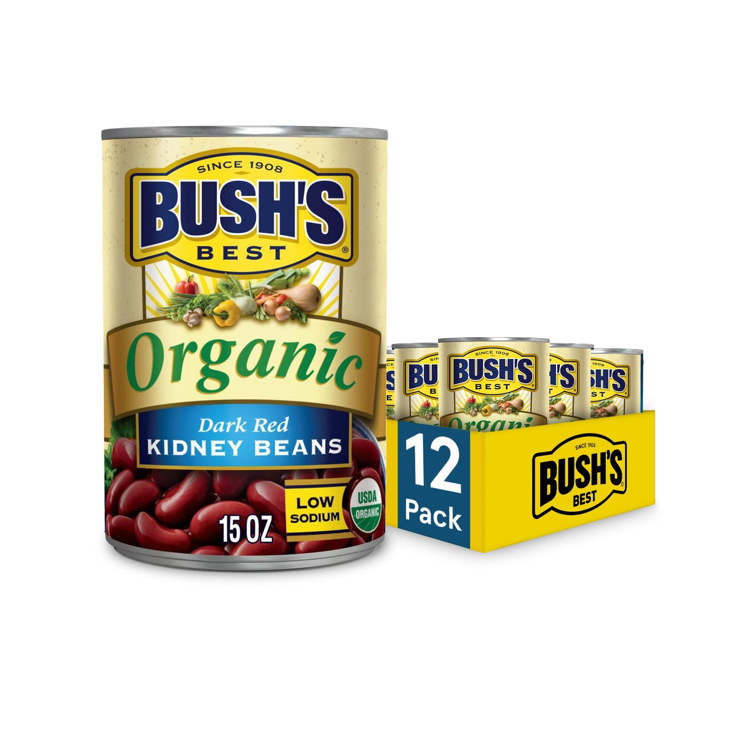 Bush'S Best 15 Oz Canned Organic Dark Red Kidney Beans, Source Of Plant Based Protein And Fiber, Low Fat, Gluten Free, (Pack Of