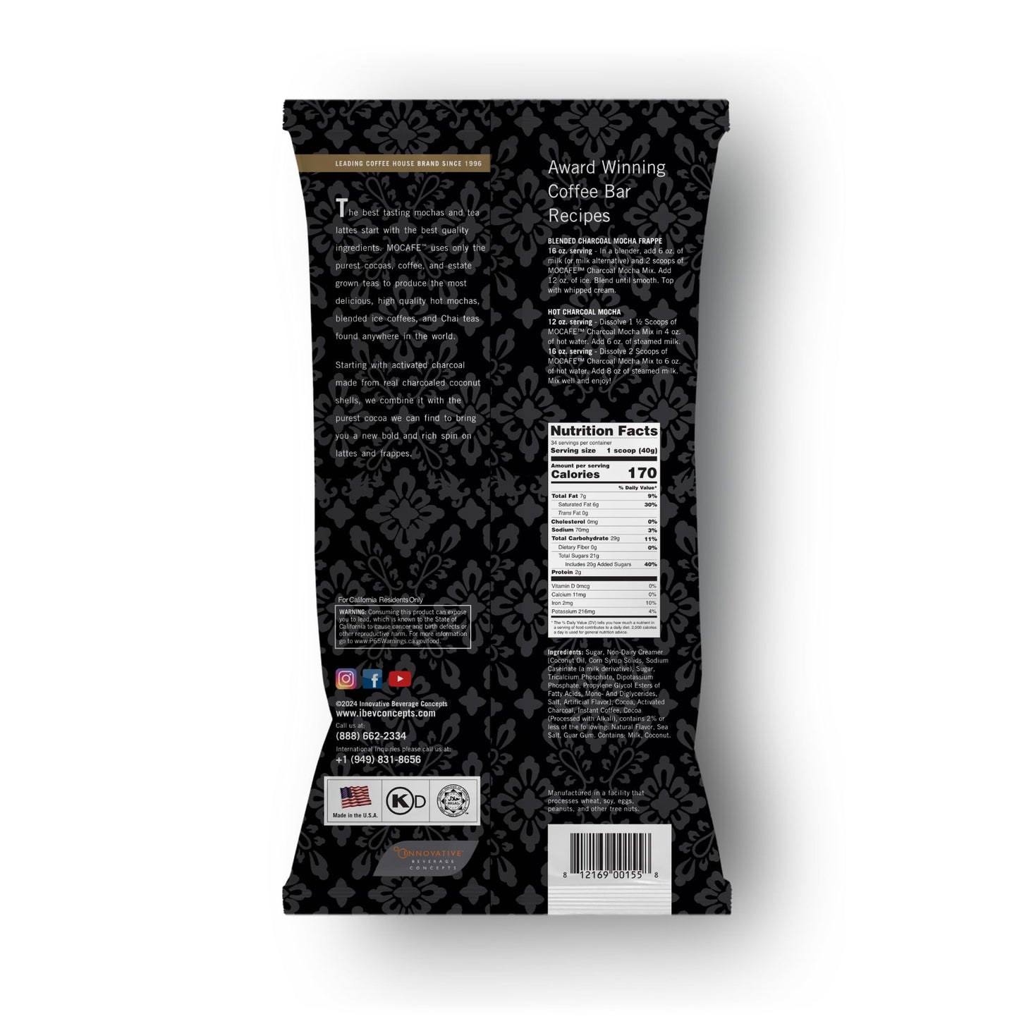 Mocafe Charcoal Mocha Mix, 3-Pound Bag Instant Frappe Mix, Coffee House Style Blended Drink Used In Coffee Shops